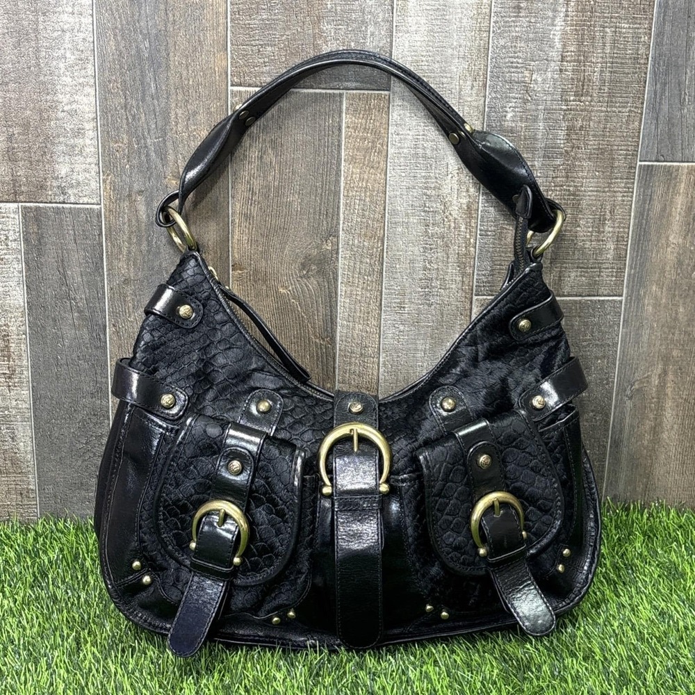 Kate Landry Y2K Black Leather Bag Buckle Studded Moto Edgy Shoulder